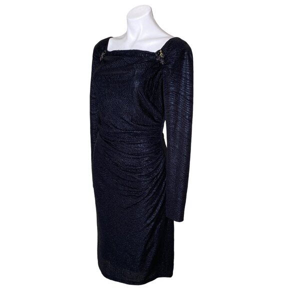 David Meister Black Textured Long-Sleeve Ruched Dress W/ Beaded Shoulders Size 8 - Picture 7 of 8